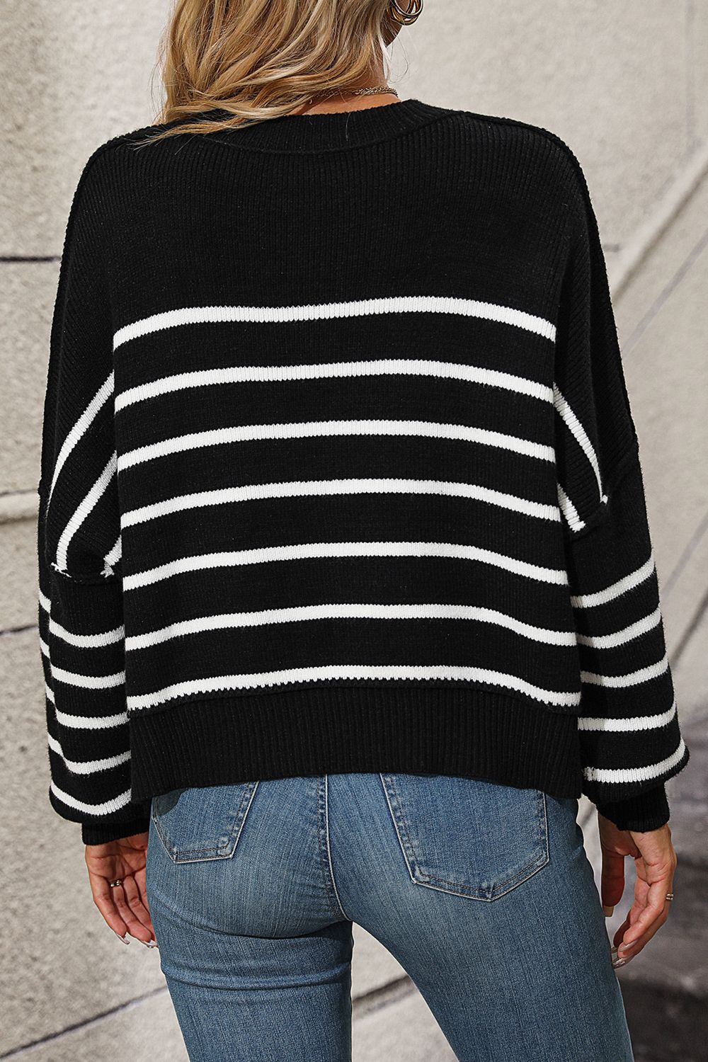 Striped Dropped Shoulder Round Neck Pullover Sweater - The Boutie Shop