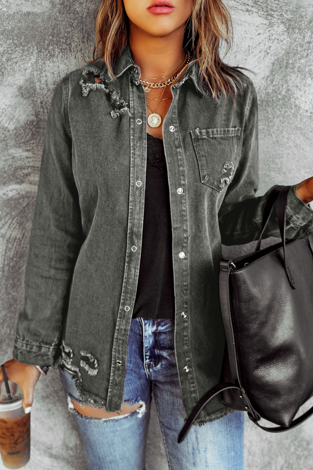 Distressed Raw Hem Snap Down Denim Jacket - The Boutie Shop