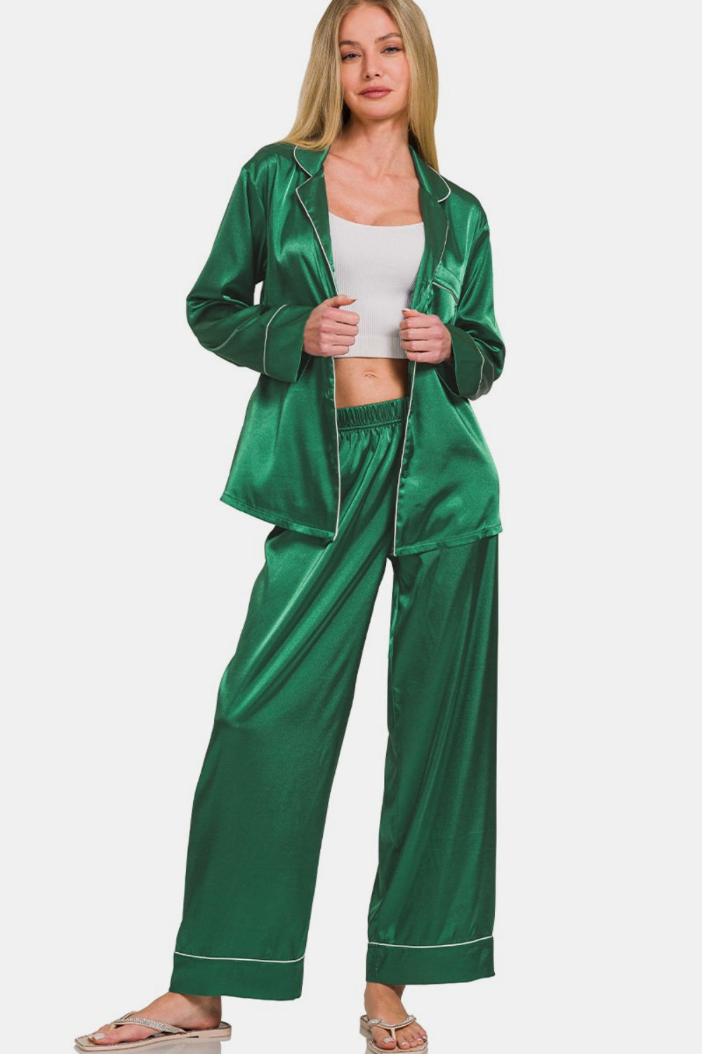 Zenana Satin Long Sleeve Shirt and Pants Pajama Set - The Boutie Shop