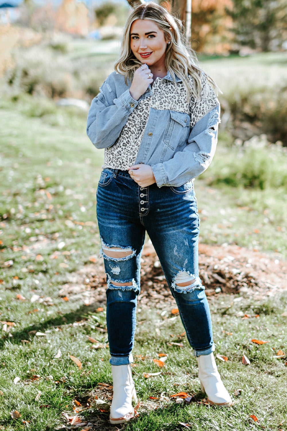 Plus Size Leopard Raw Hem Distressed Spliced Denim Jacket - The Boutie Shop