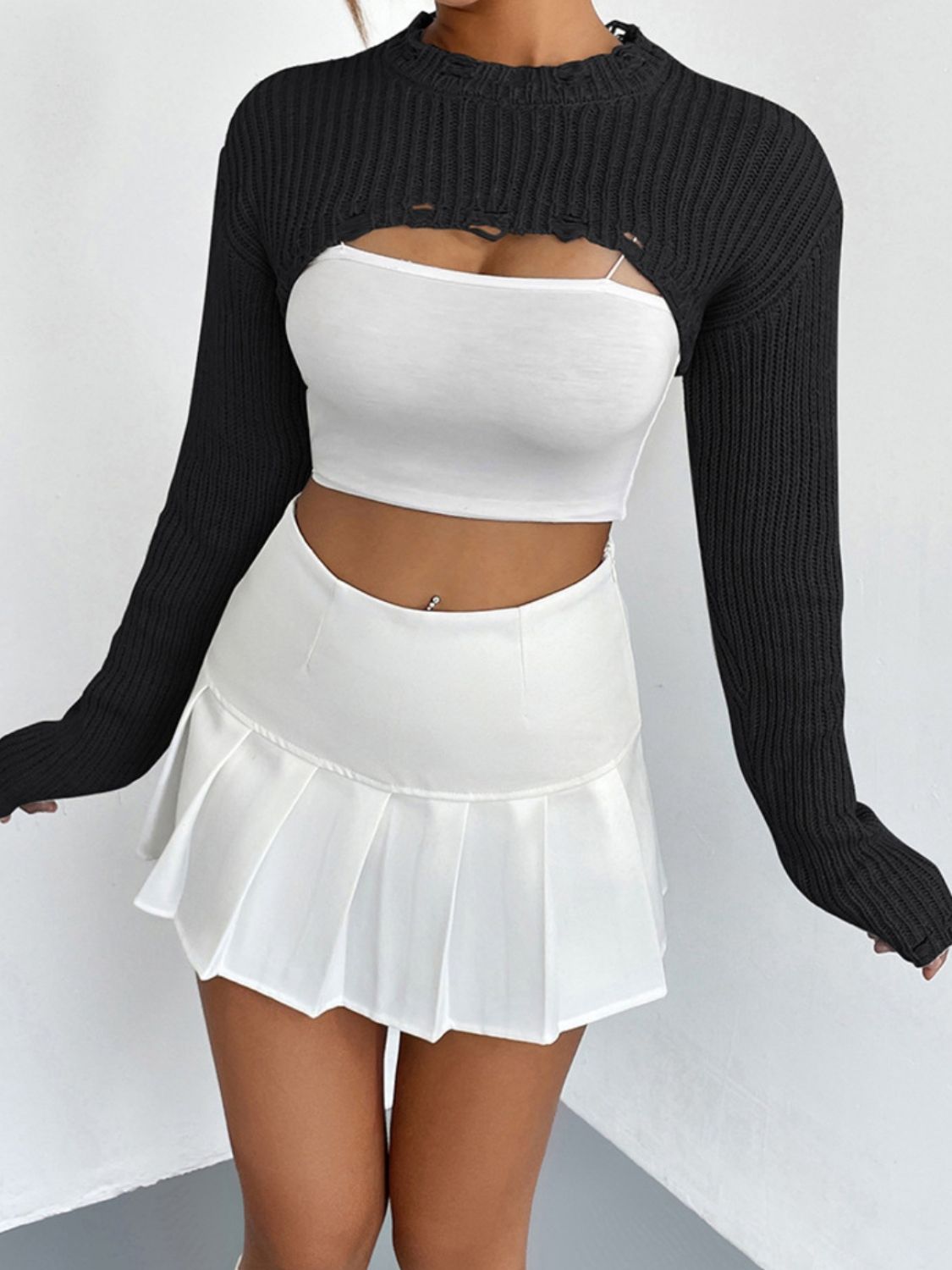 Distressed Long Sleeve Cropped Sweater - The Boutie Shop