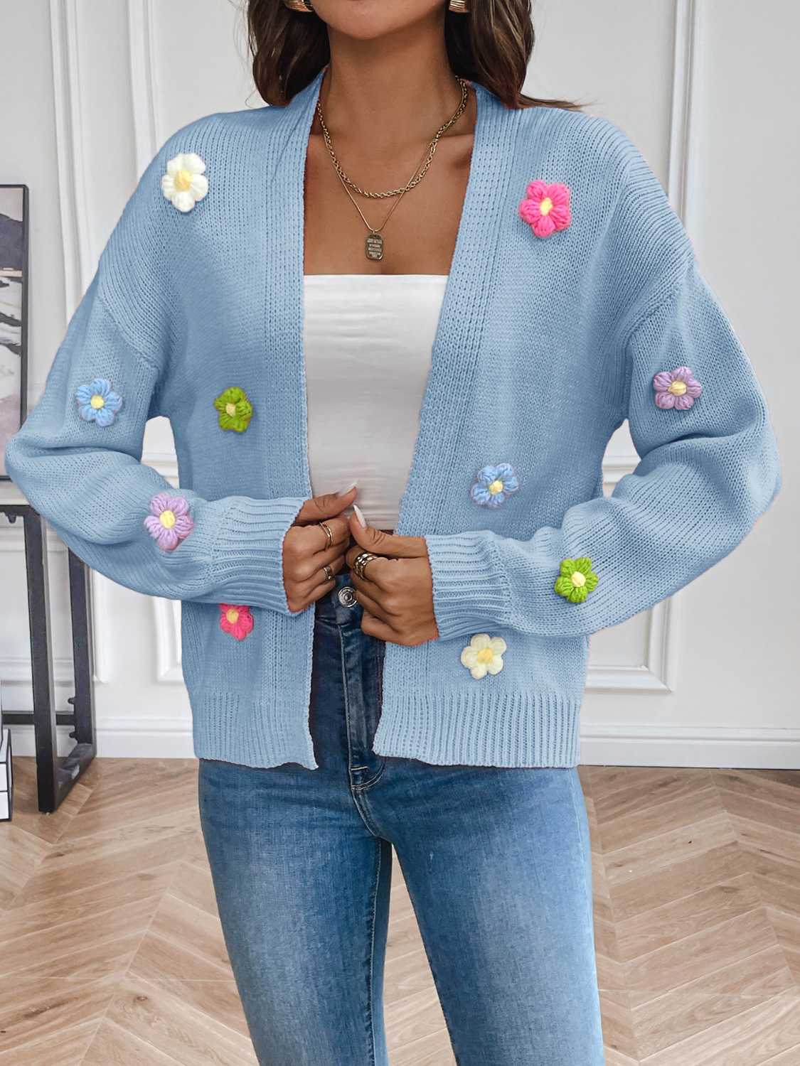 Floral Long Sleeve Open Front Cardigan - The Boutie Shop