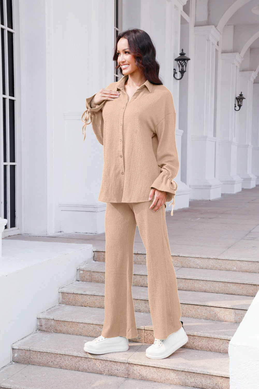 Drawstring Flounce Sleeve Shirt and Pants Set - The Boutie Shop