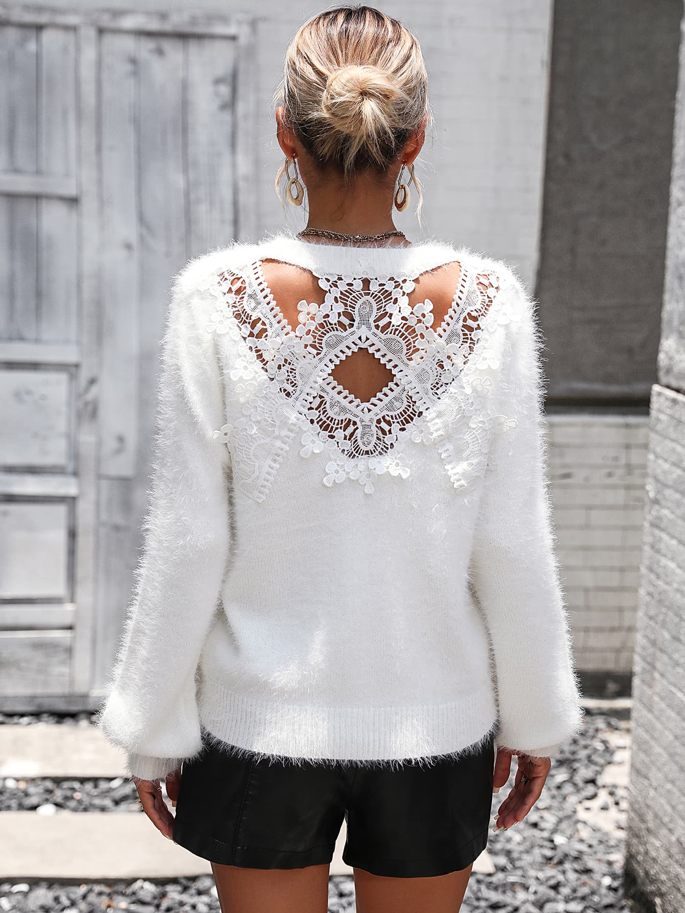 Lace Detail Cutout Long Sleeve Pullover Sweater - The Boutie Shop