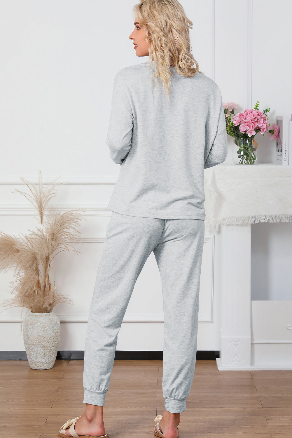 Round Neck Top and Drawstring Pants Lounge Set - The Boutie Shop