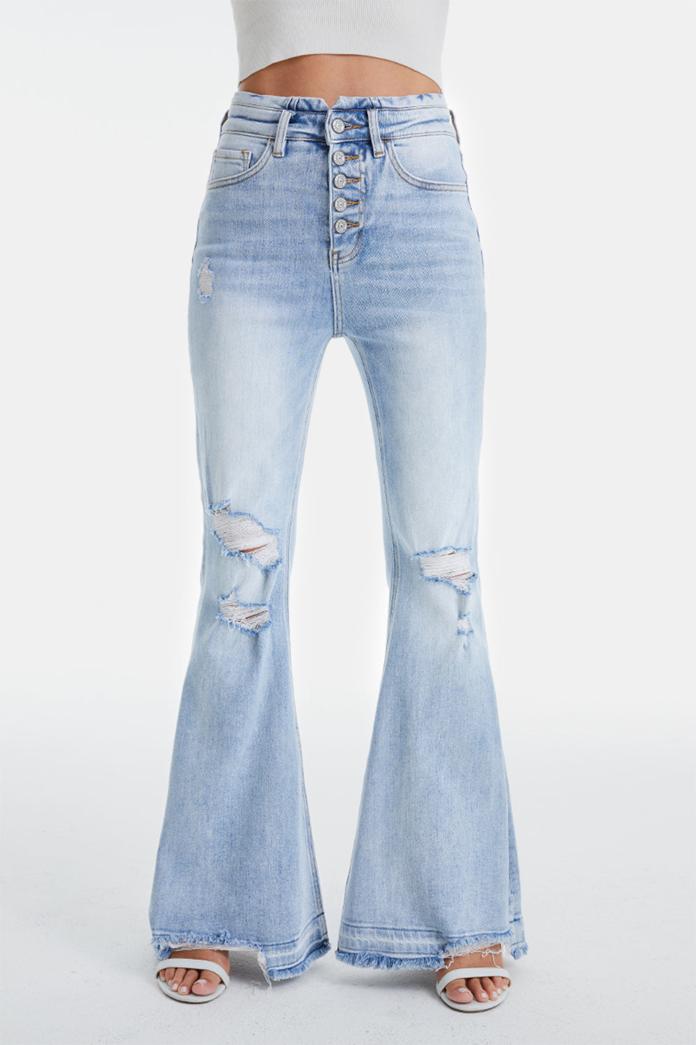 BAYEAS Full Size Distressed Raw Hem High Waist Flare Jeans - The Boutie Shop