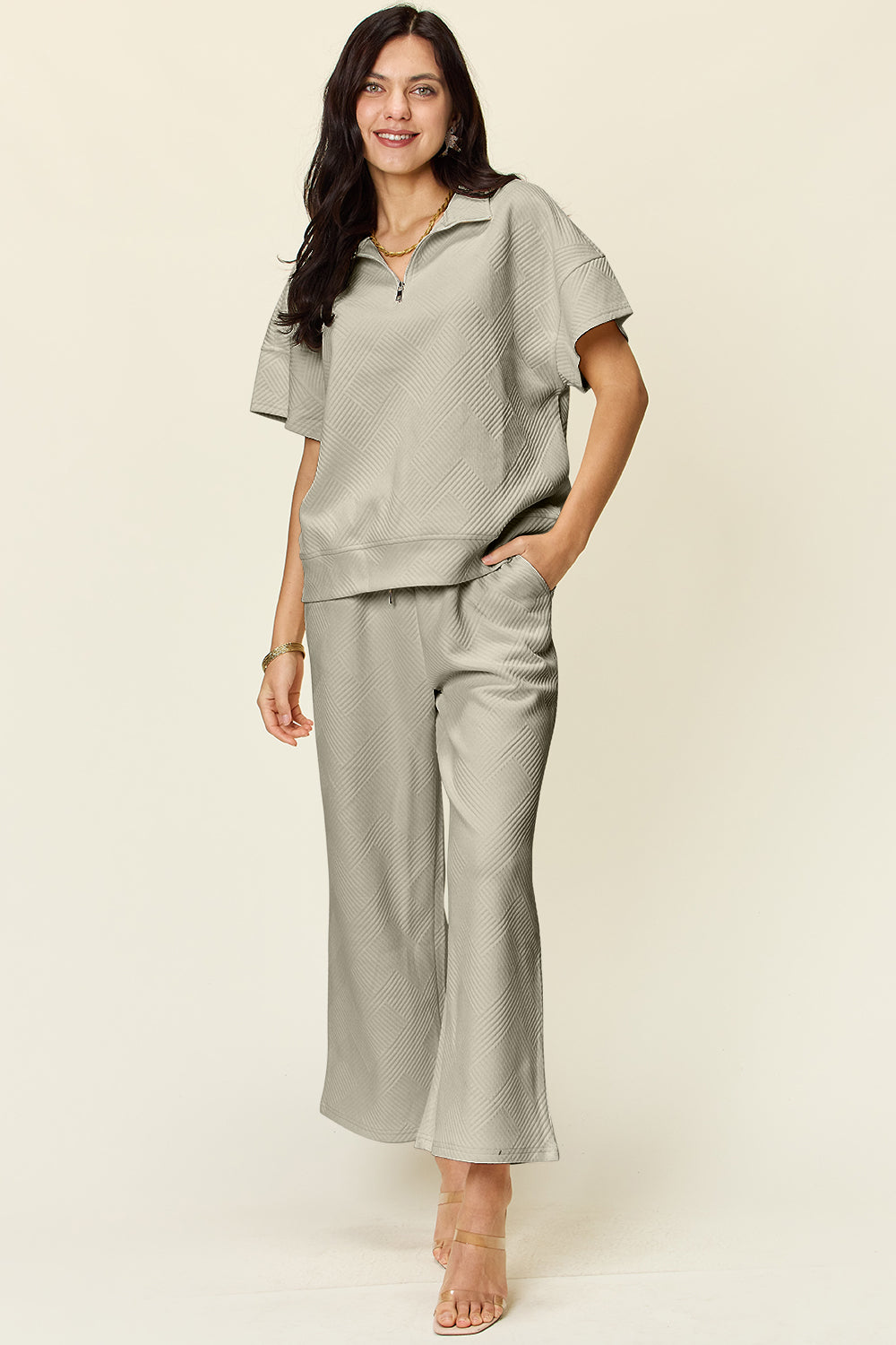 Double Take Full Size Texture Half Zip Short Sleeve Top and Pants Set - The Boutie Shop