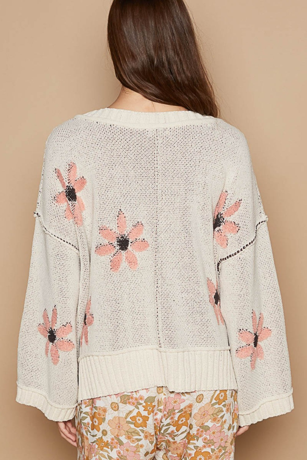 POL V-Neck Floral Pattern Chenille Sweater - The Boutie Shop