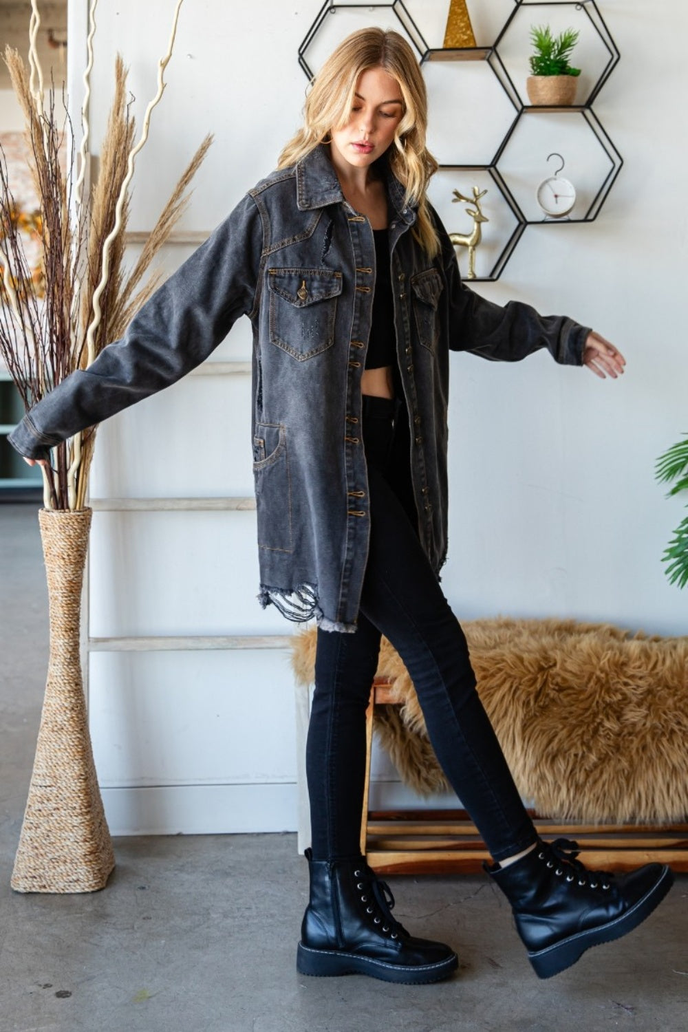 Veveret Button Up Distressed Frayed Hem Denim Jacket - The Boutie Shop