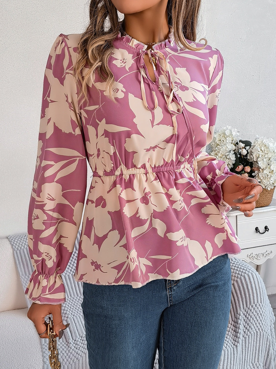 Printed Tie Neck Flounce Sleeve Blouse - The Boutie Shop