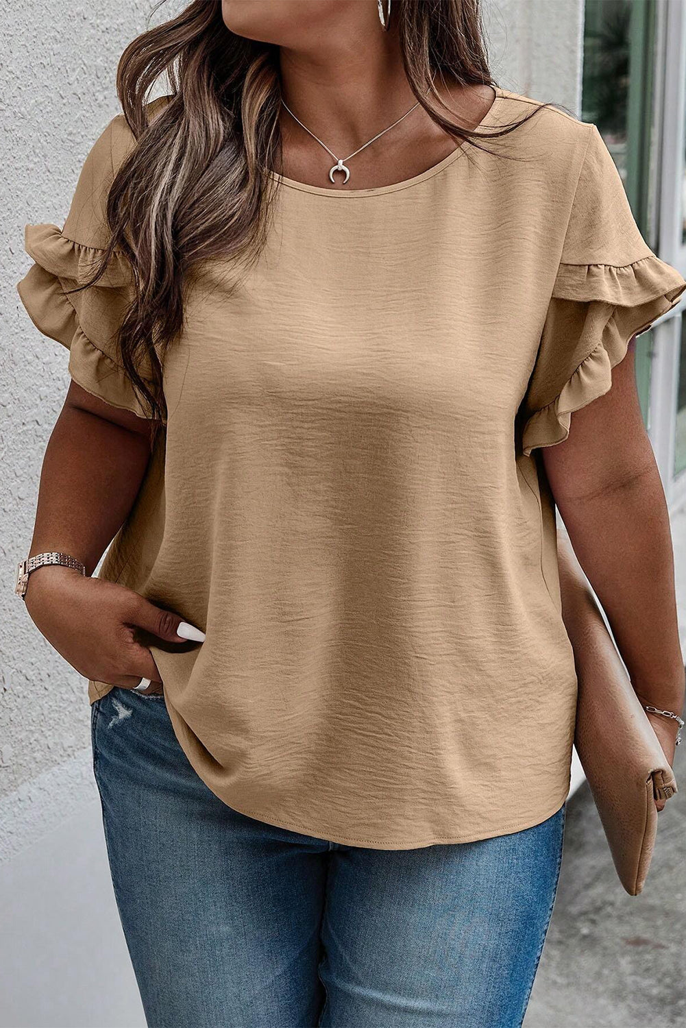 Plus Size Ruffled Petal Sleeve Round Neck T-Shirt - The Boutie Shop