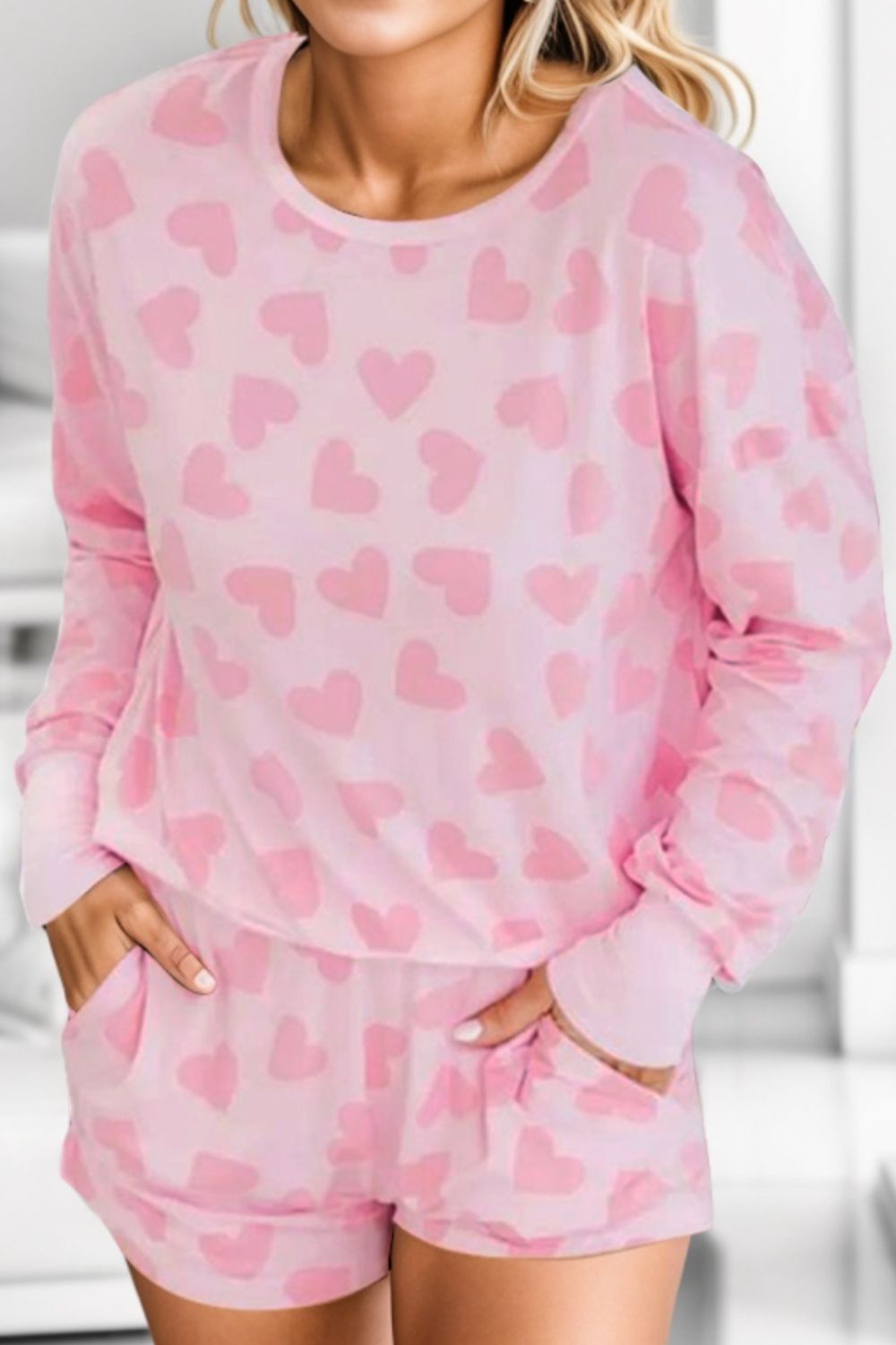 Heart Print Round Neck Top and Shorts Lounge Set - The Boutie Shop