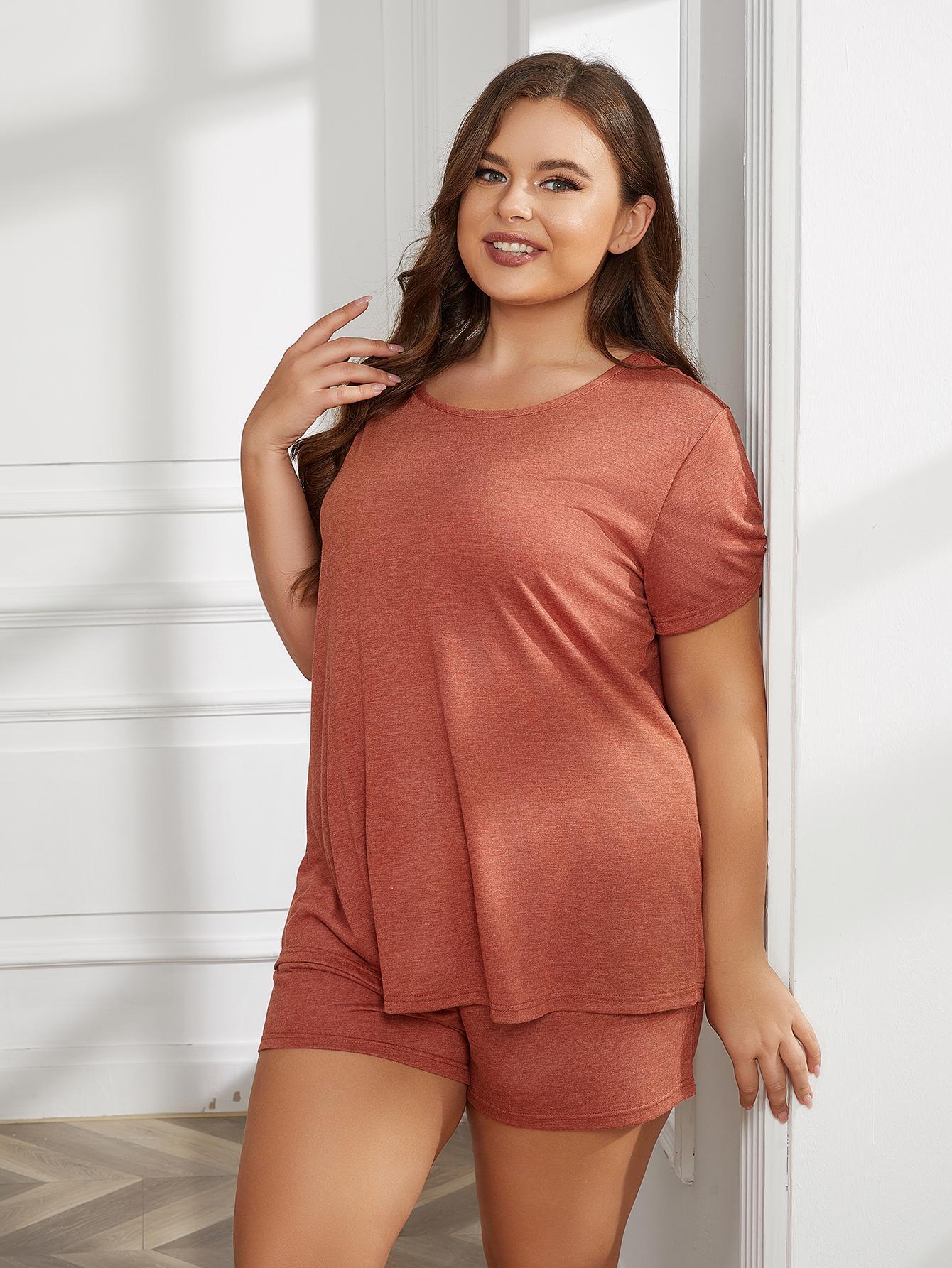 Plus Size Round Neck Short Sleeve Two-Piece Loungewear Set - The Boutie Shop