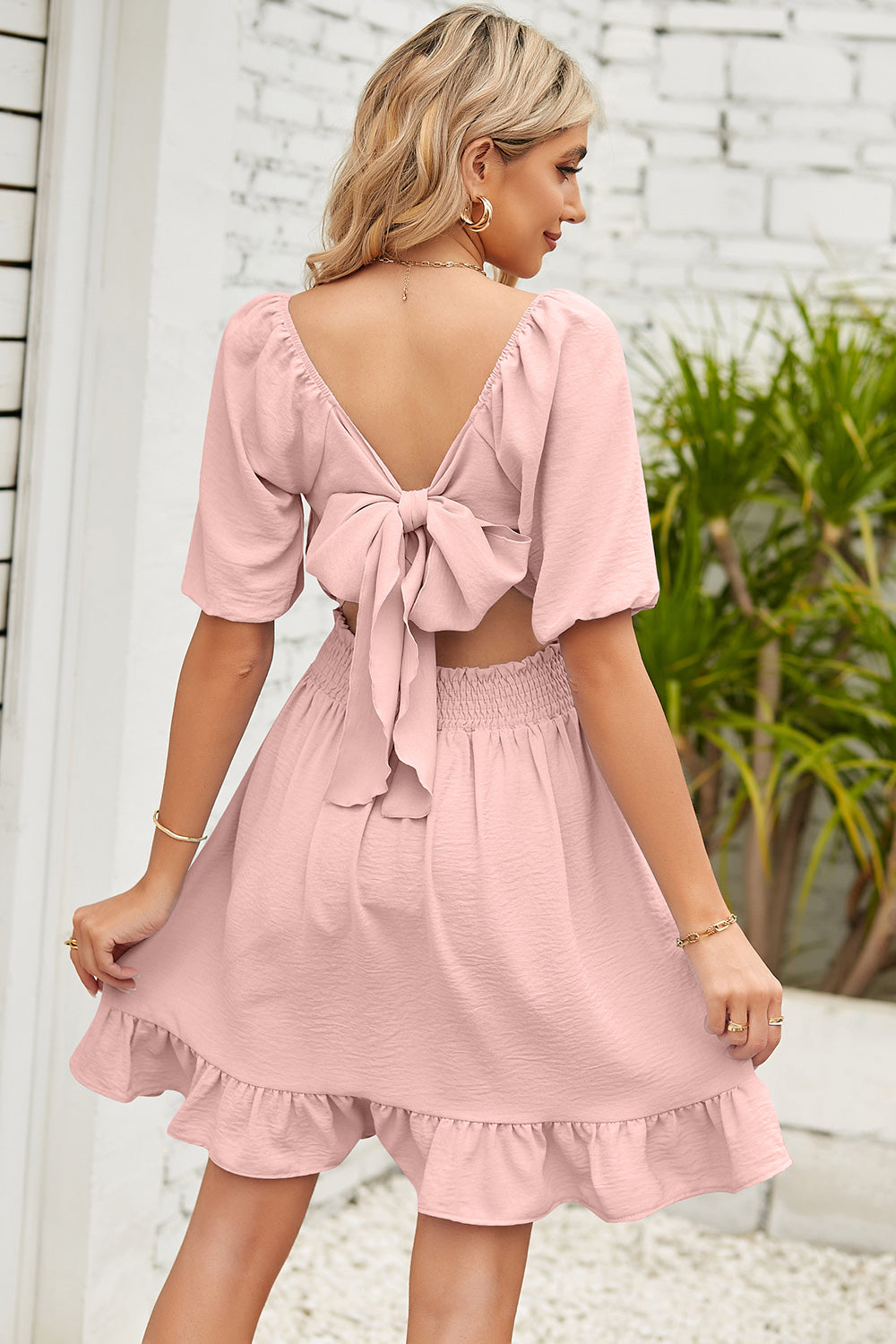 Ruched Ruffle Hem Short Sleeve Dress - The Boutie Shop