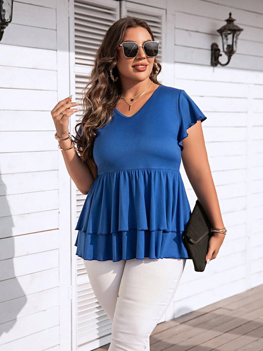 Plus Size V-Neck Flutter Sleeve Blouse - The Boutie Shop