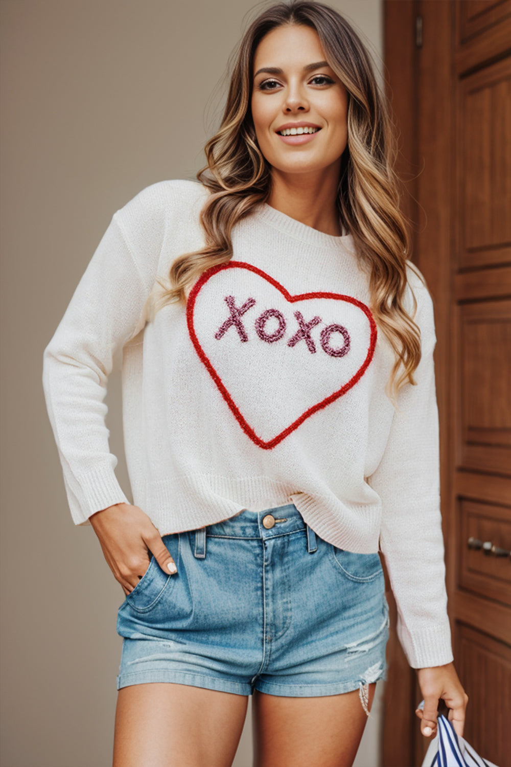 XOXO Heart Round Neck Dropped Shoulder Sweater - The Boutie Shop