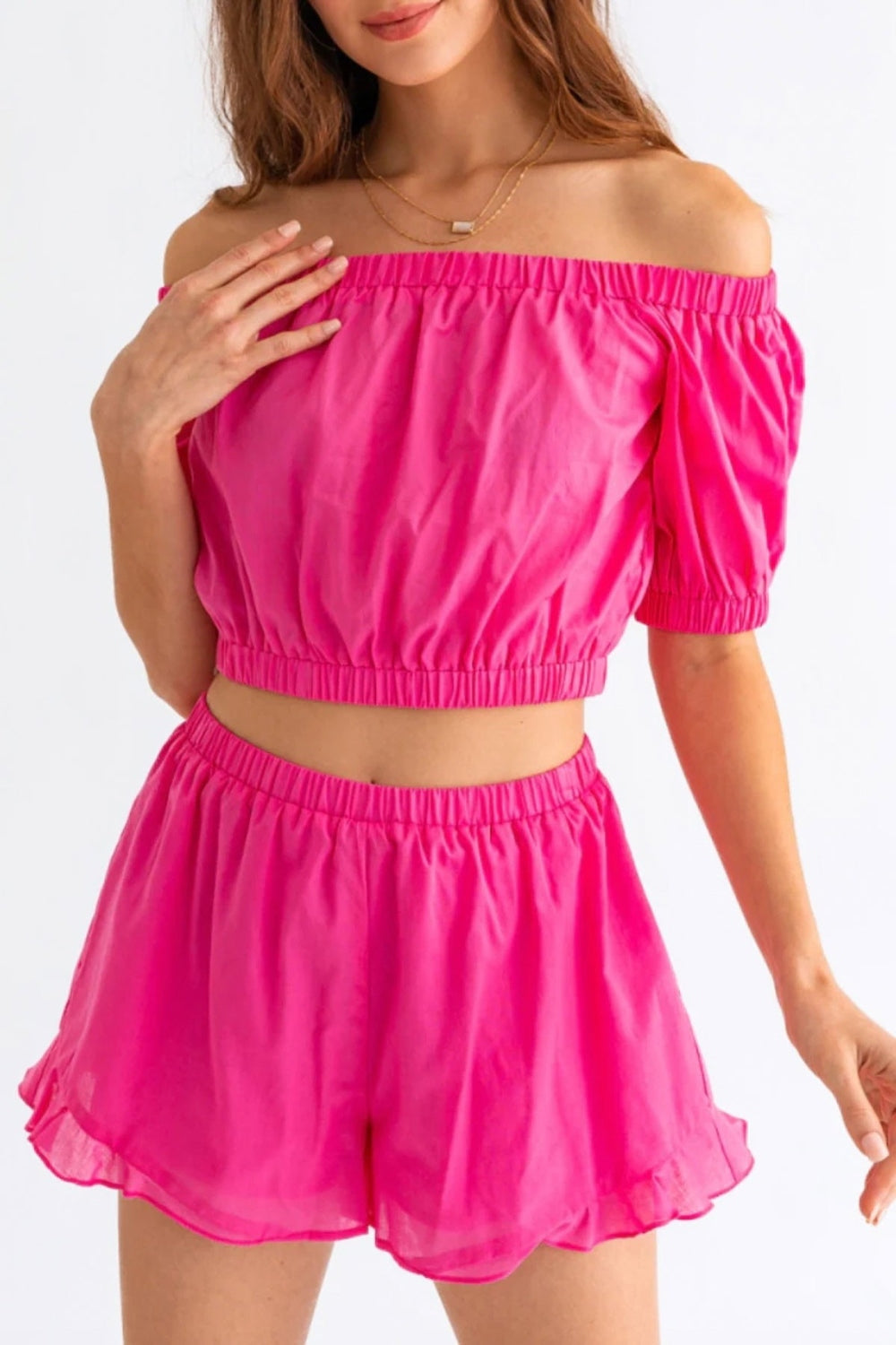 Le Lis Off Shoulder Crop Top and Ruffled Shorts Set - The Boutie Shop