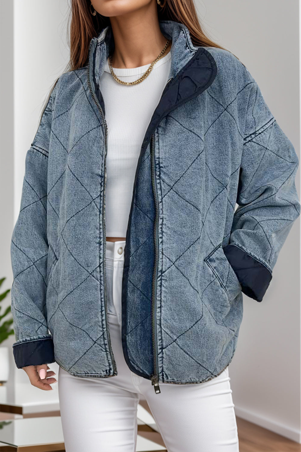 MeiMei Pocketed Zip Up Dropped Shoulder Denim Jacket - The Boutie Shop