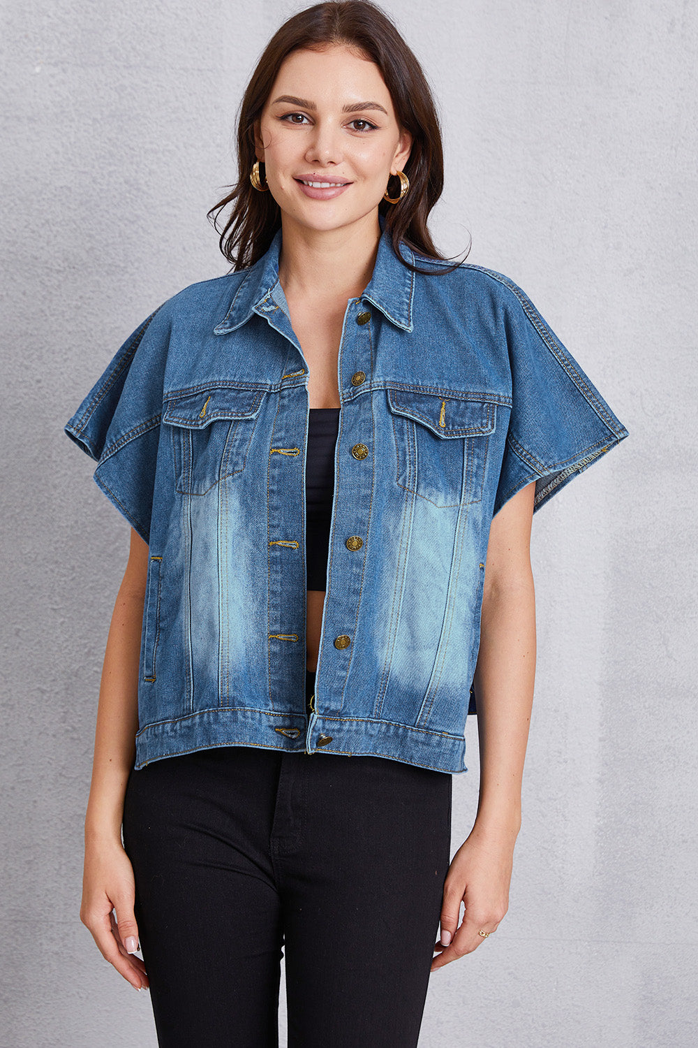 Pocketed Button Up Short Sleeve Denim Top - The Boutie Shop