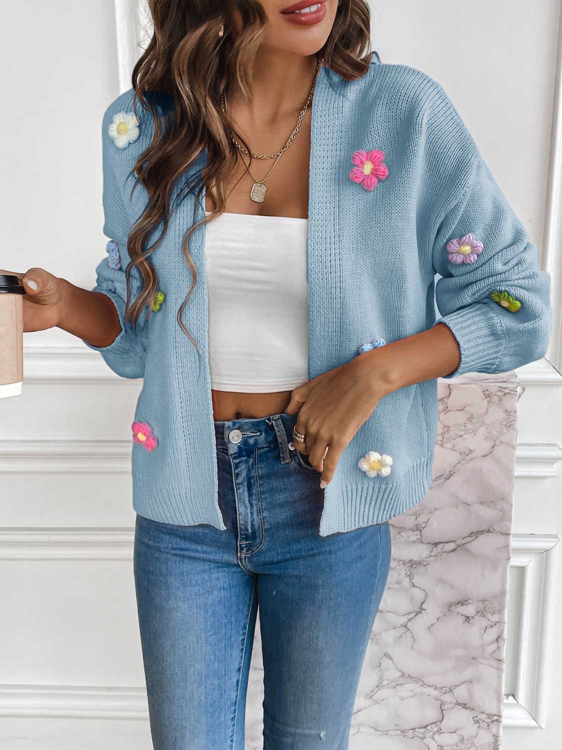 Floral Long Sleeve Open Front Cardigan - The Boutie Shop