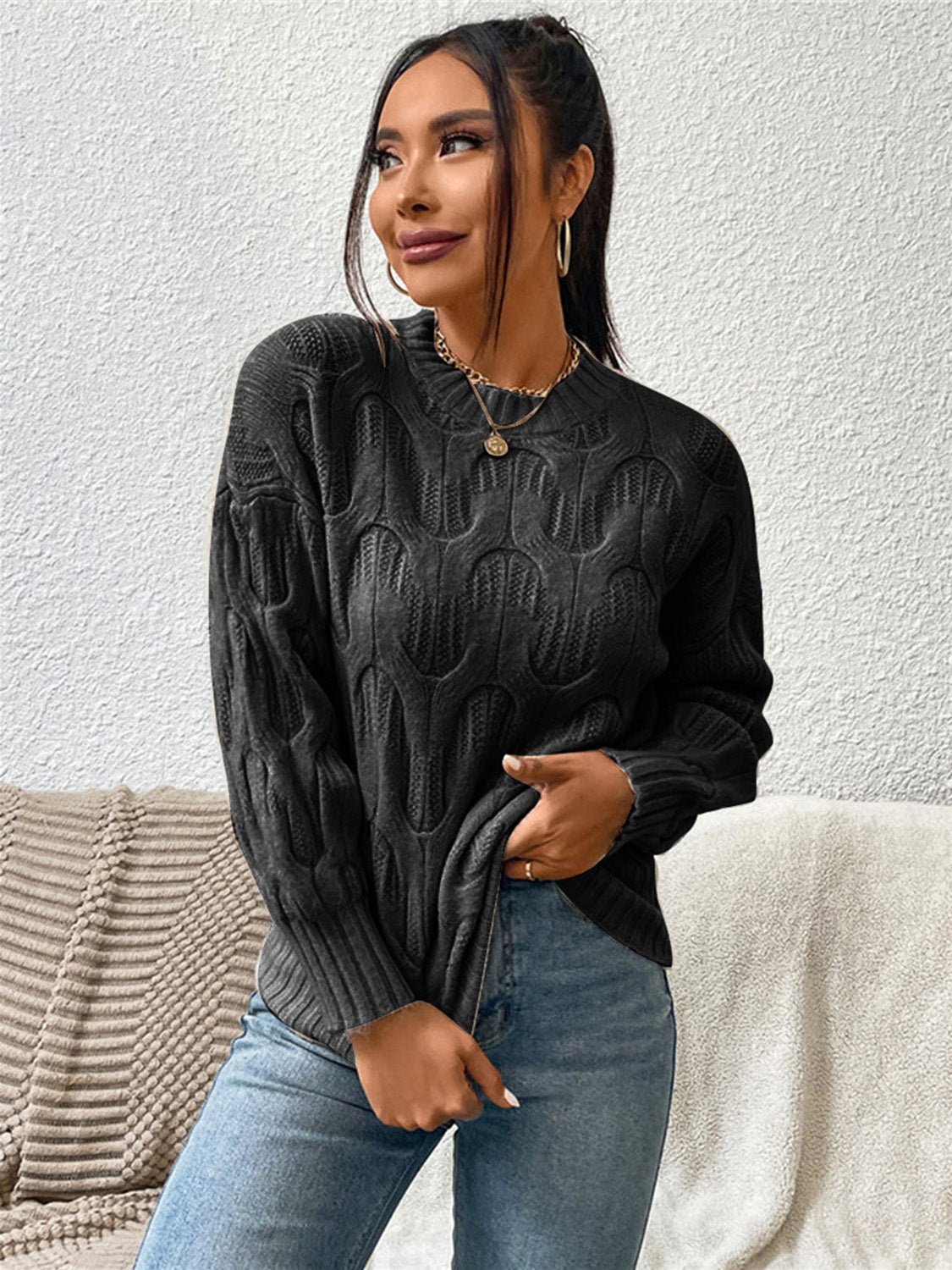 Round Neck Long Sleeve Sweater - The Boutie Shop