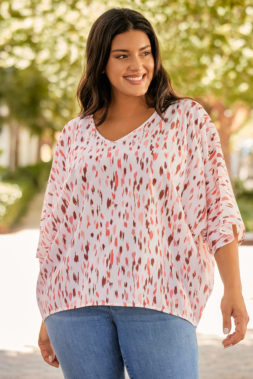 Plus Size Printed V-Neck Blouse - The Boutie Shop