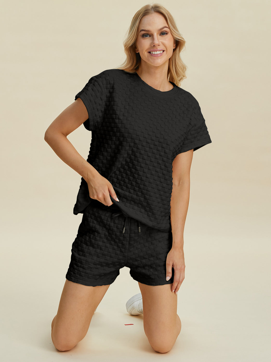 Double Take Full Size Texture T-Shirt and Shorts Set - The Boutie Shop