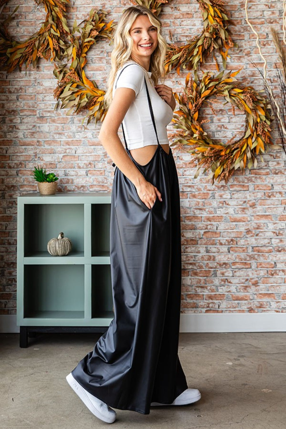 First Love Drawstring Back Spaghetti Strap Wide Leg Overall - The Boutie Shop