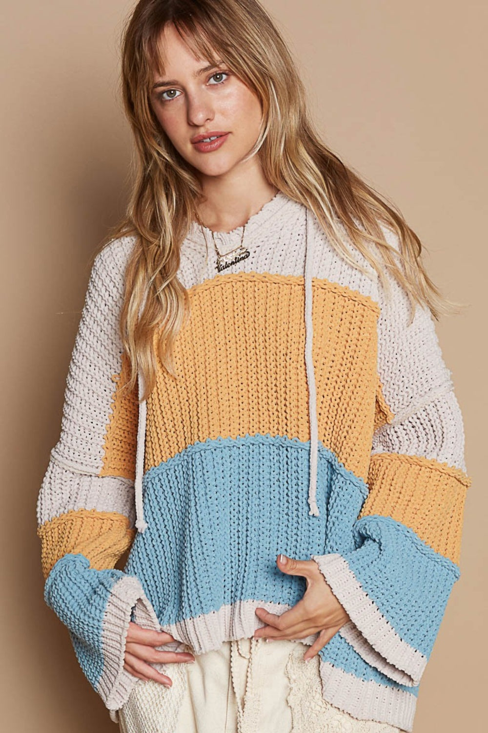 POL Color Block Long Sleeve Hooded Sweater - The Boutie Shop