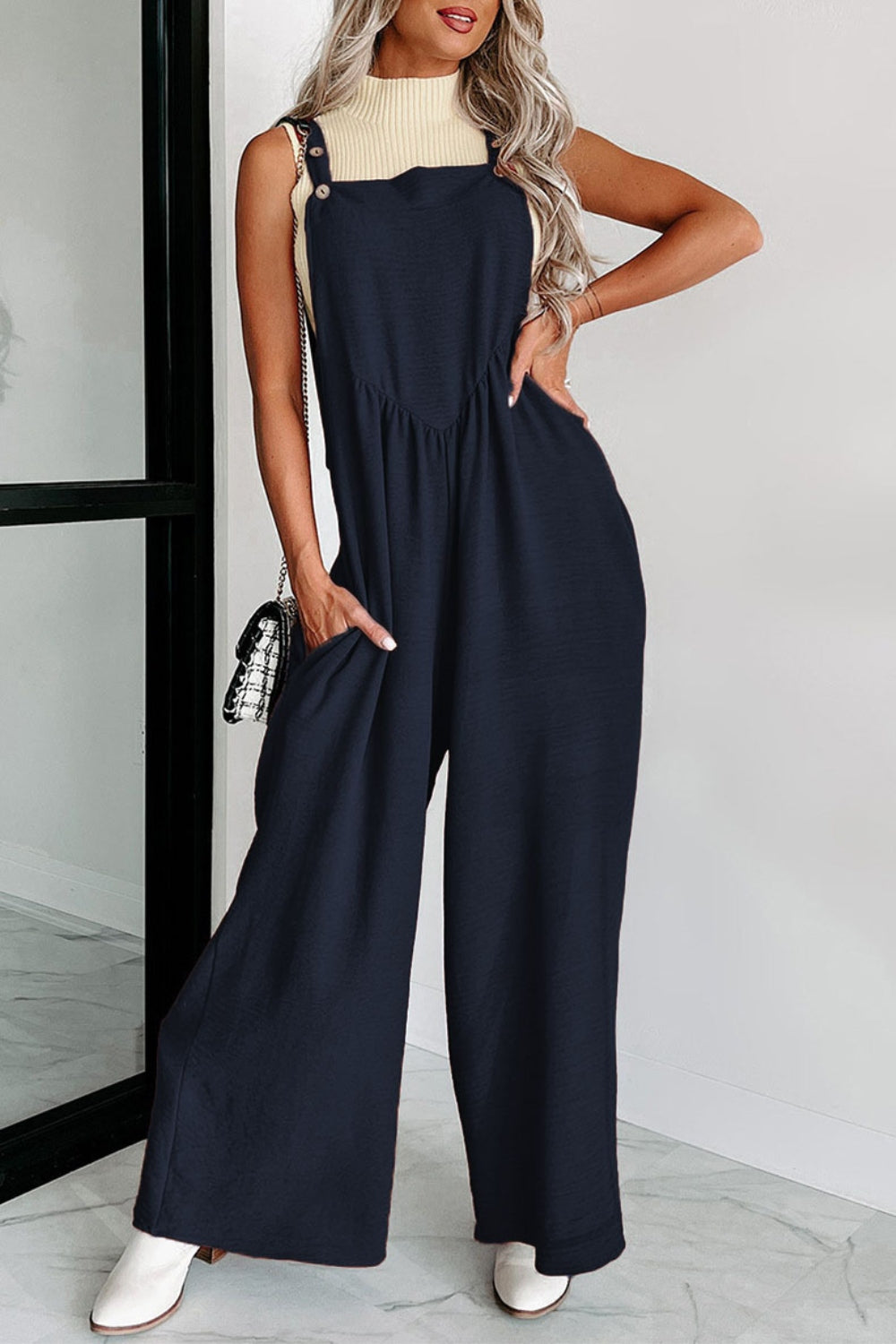 Square Neck Wide Strap Jumpsuit - The Boutie Shop