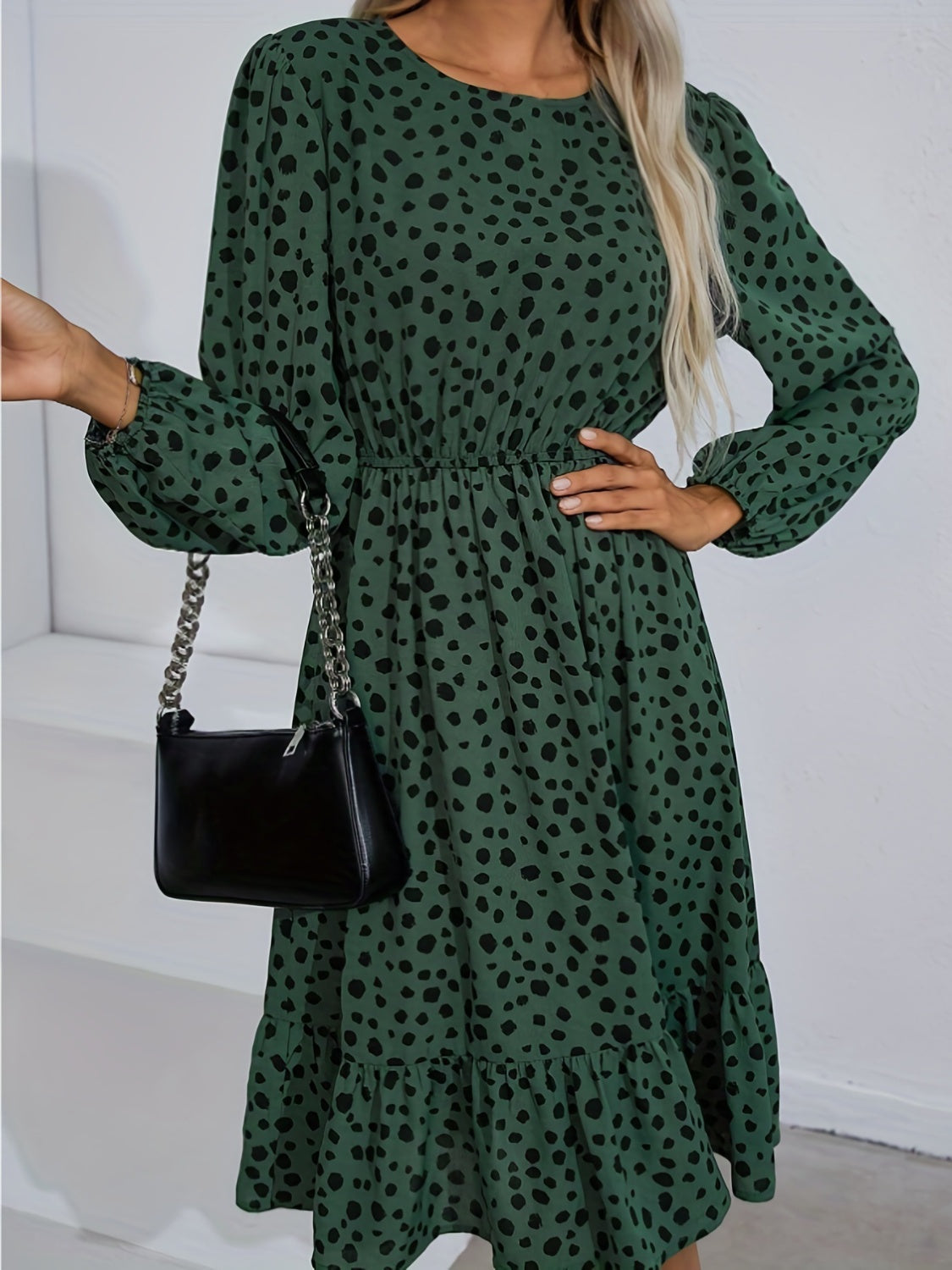 Printed Round Neck Balloon Sleeve Dress - The Boutie Shop