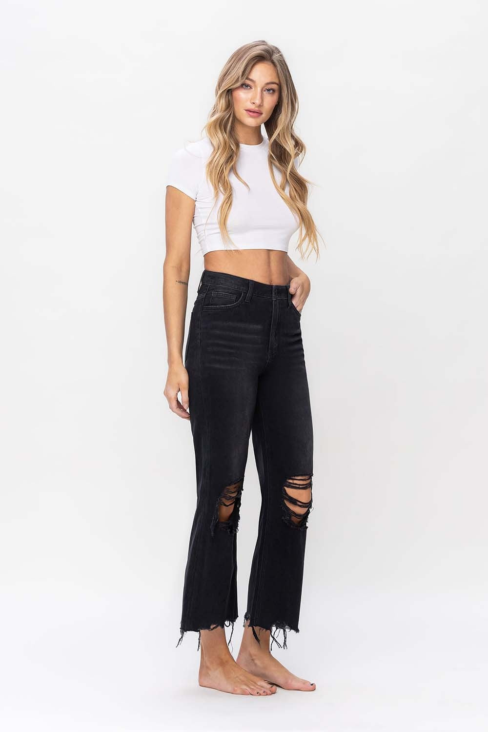 Vervet by Flying Monkey Vintage Ultra High Waist Distressed Crop Flare Jeans - The Boutie Shop