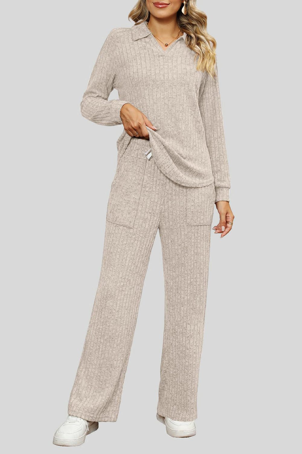 Ribbed Long Sleeve Top and Pocketed Pants Set - The Boutie Shop