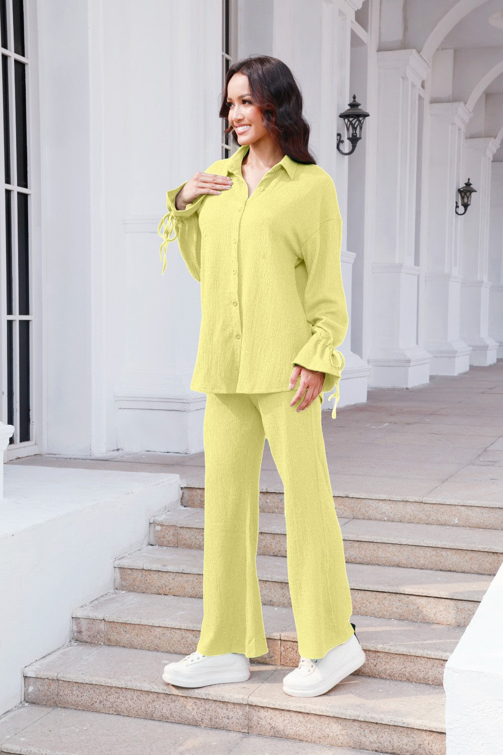 Drawstring Flounce Sleeve Shirt and Pants Set - The Boutie Shop