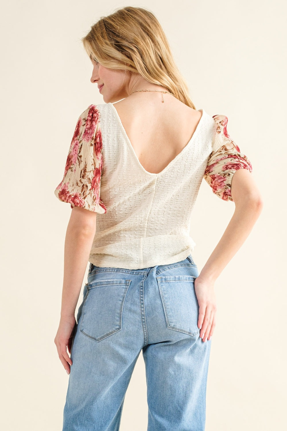 And The Why Full Size Floral Print Textured Sleeve Knit Top - The Boutie Shop