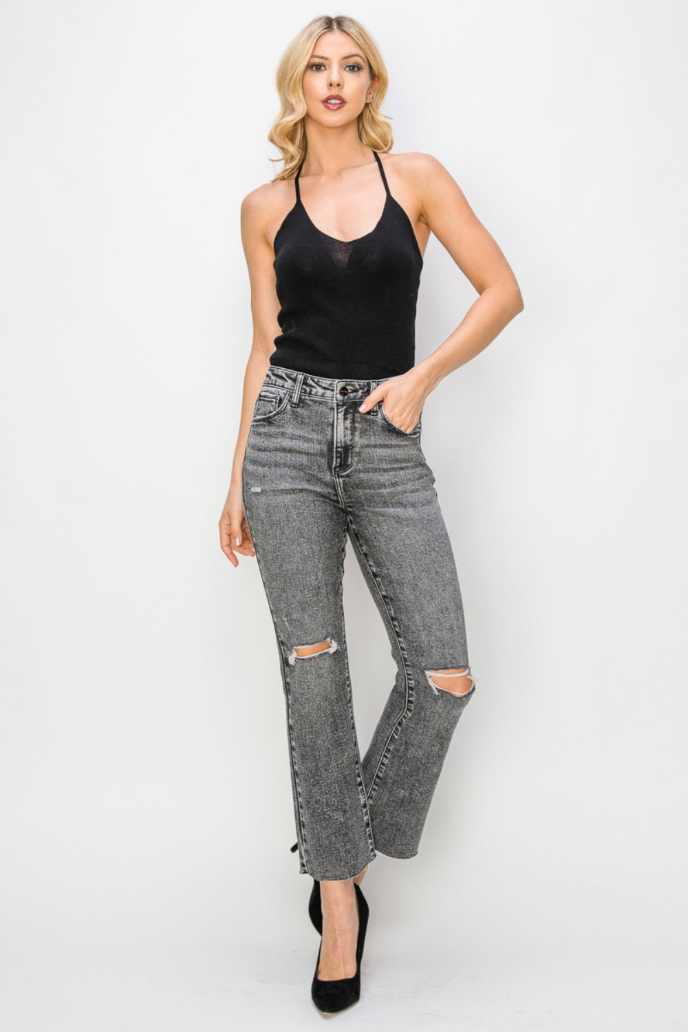 RISEN High Waist Distressed Straight Jeans - The Boutie Shop