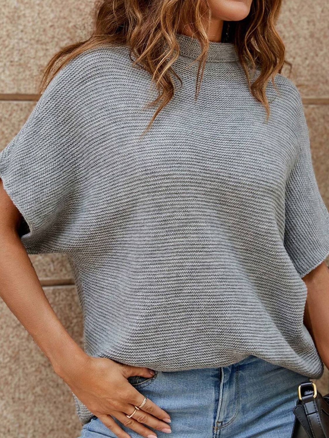 Mock Neck Short Sleeve Sweater - The Boutie Shop