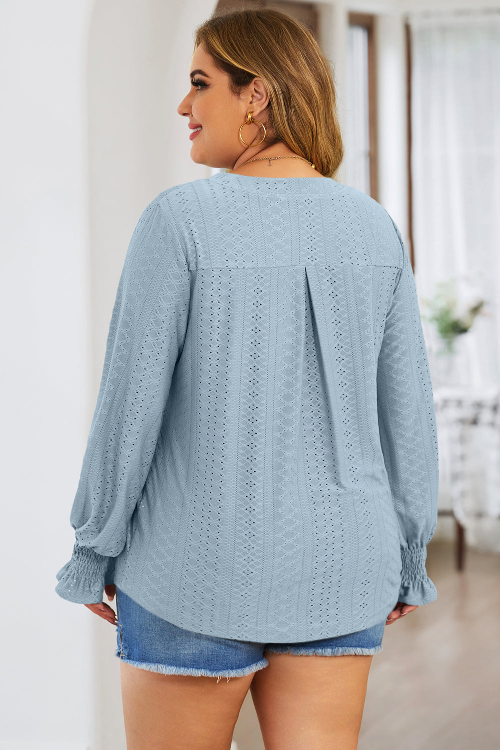 Plus Size Eyelet Notched Flounce Sleeve Blouse - The Boutie Shop