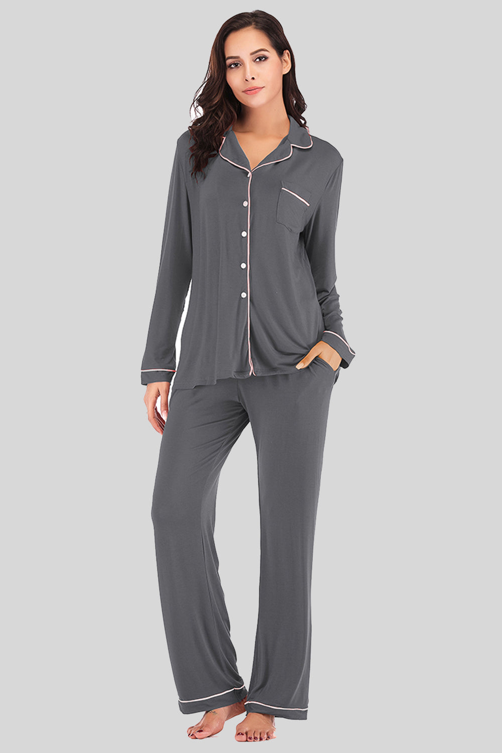 Collared Neck Long Sleeve Loungewear Set with Pockets - The Boutie Shop