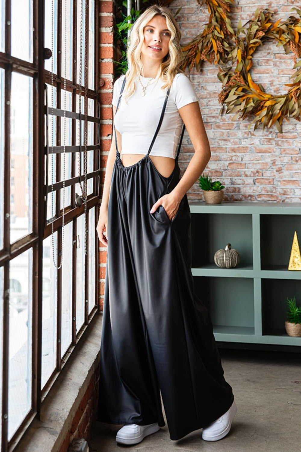 First Love Drawstring Back Spaghetti Strap Wide Leg Overall - The Boutie Shop