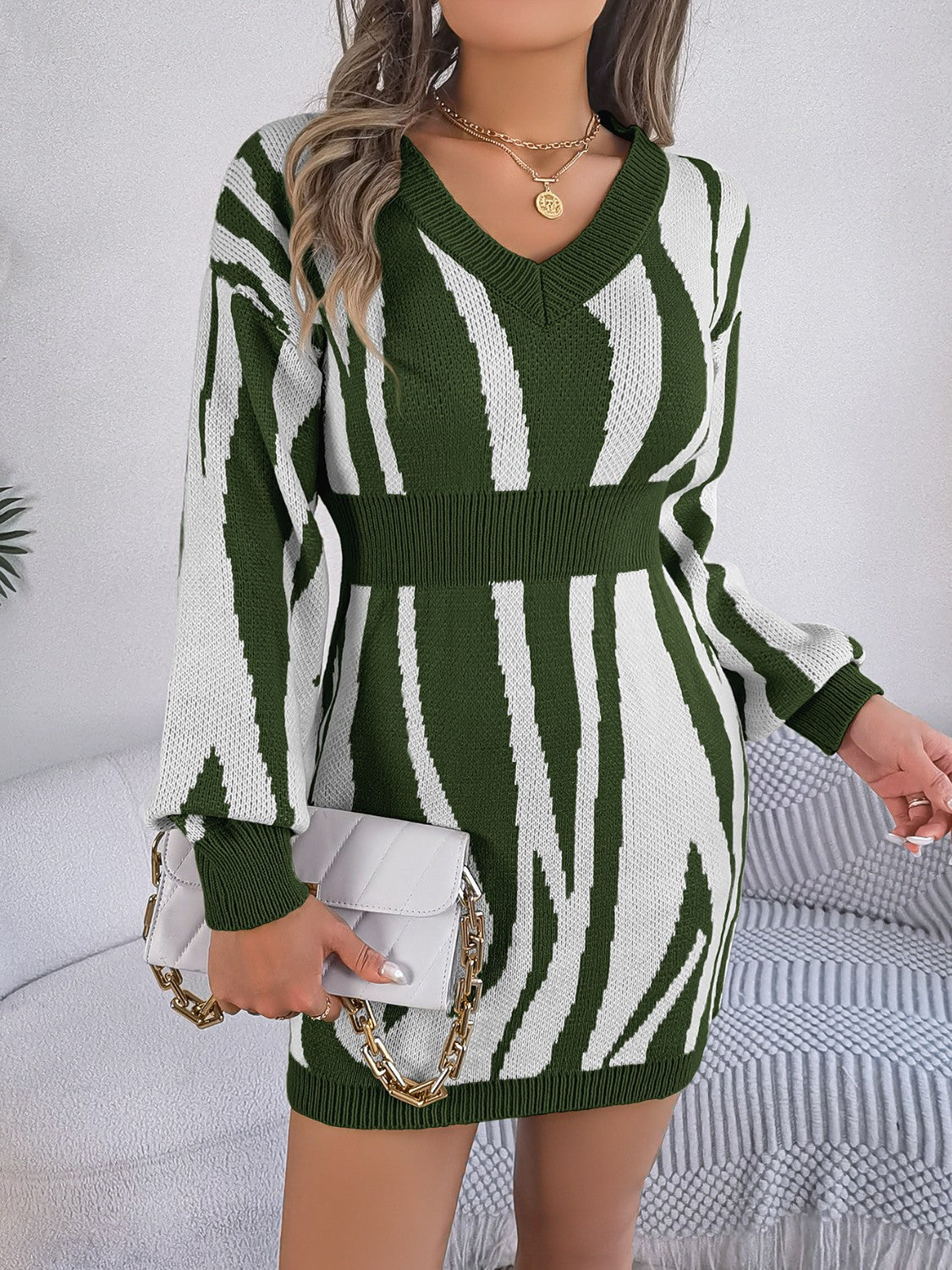 Animal Print V-Neck Long Sleeve Sweater Dress - The Boutie Shop