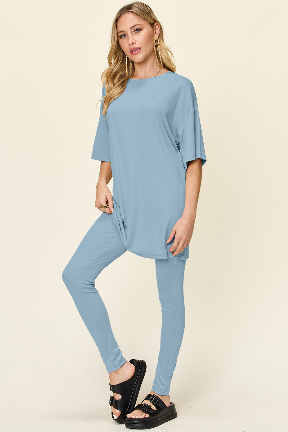 Double Take Full Size Round Neck Dropped Shoulder T-Shirt and Leggings Set - The Boutie Shop