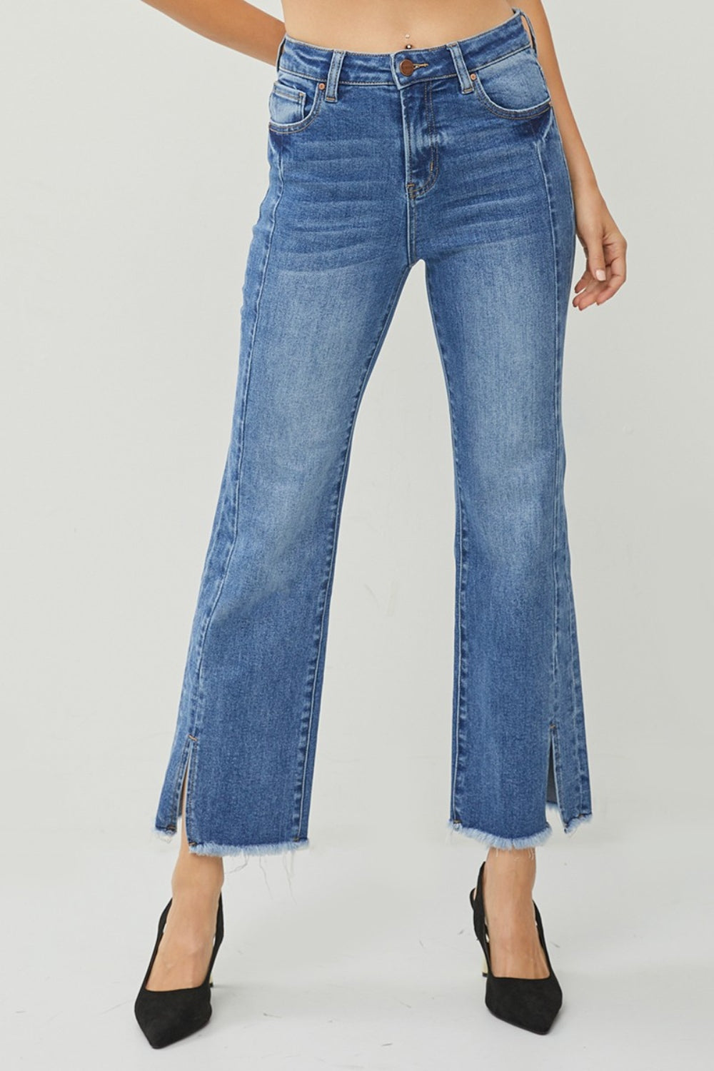 RISEN High Waist Raw Hem Slit Straight Jeans - The Boutie Shop