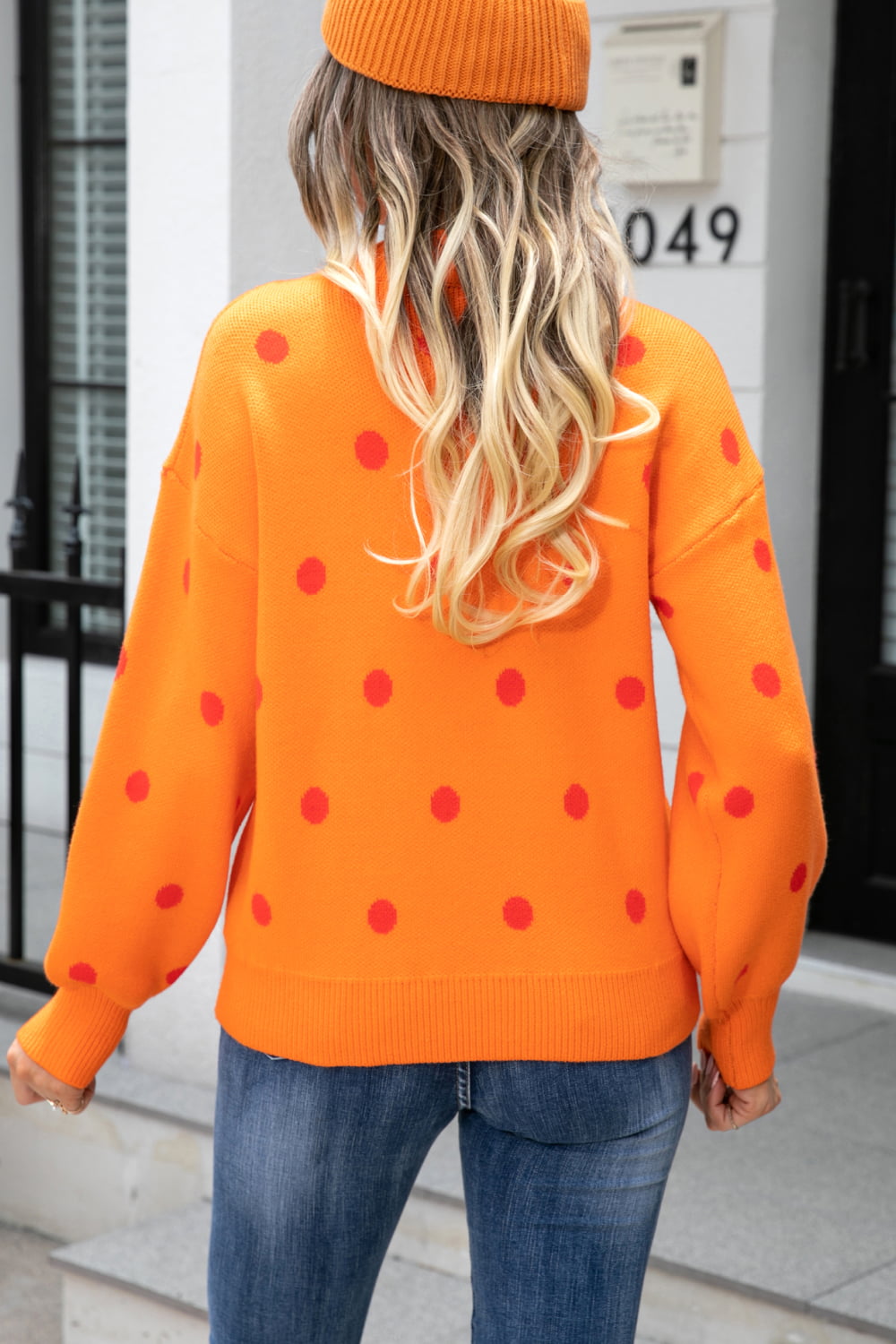 Angel Wings Woven Right Polka Dot Round Neck Dropped Shoulder Sweater - The Boutie Shop