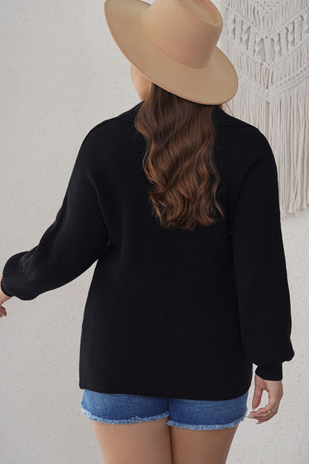 Plus Size Collared Neck Long Sleeve Sweater - The Boutie Shop