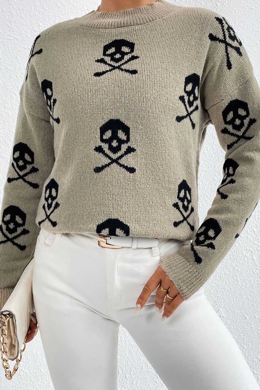 Graphic Mock Neck Dropped Shoulder Sweater - The Boutie Shop