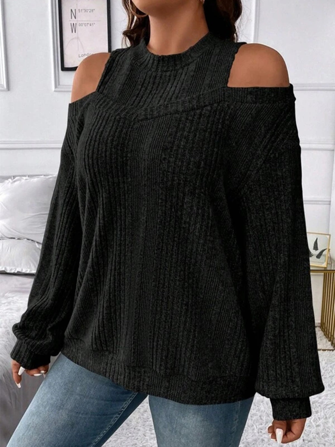 Round Neck Cold Shoulder Sweater - The Boutie Shop