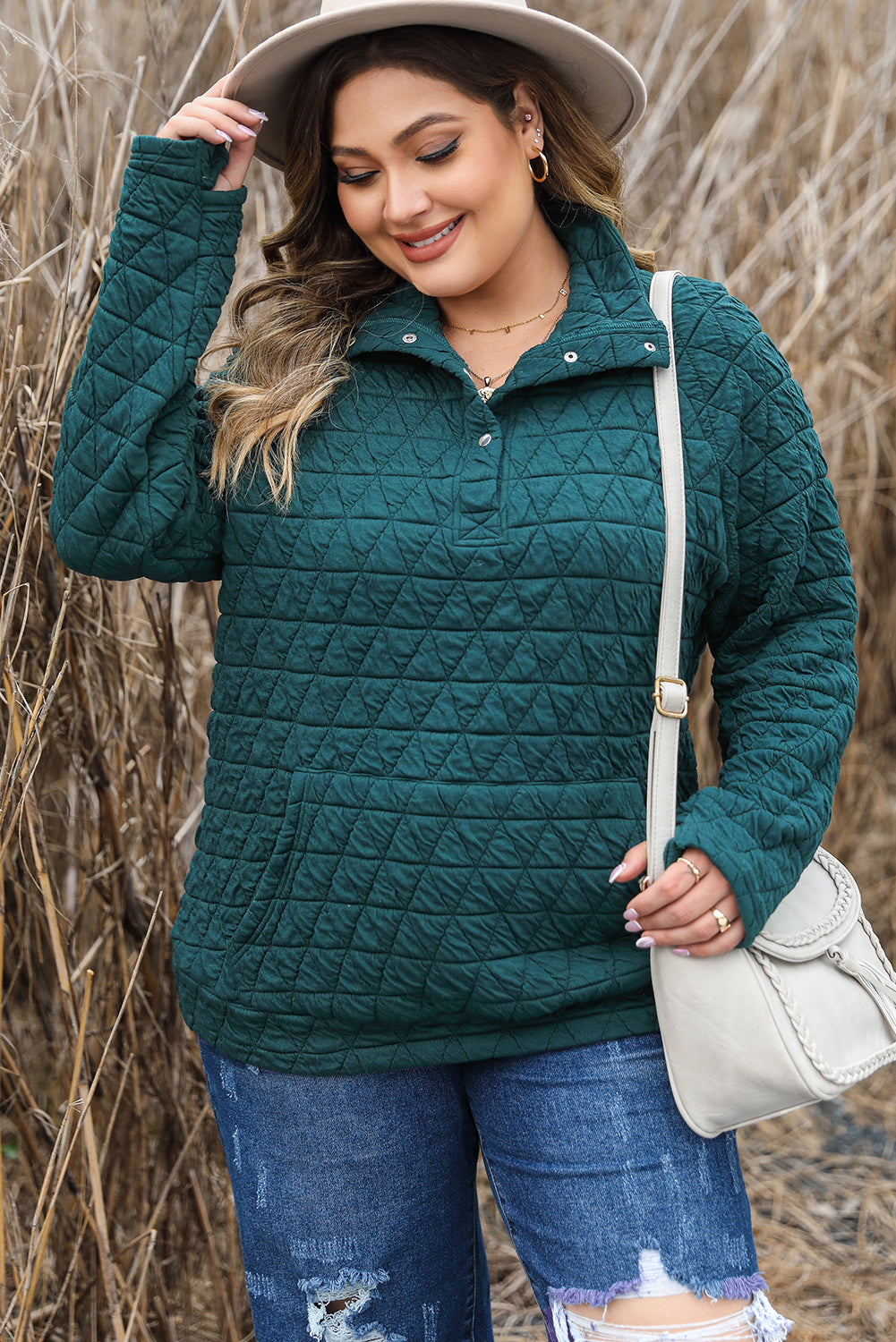 Plus Size Quarter Snap Quilted Sweatshirt - The Boutie Shop