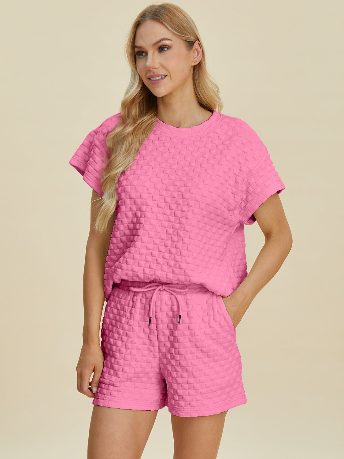 Double Take Full Size Texture T-Shirt and Shorts Set - The Boutie Shop