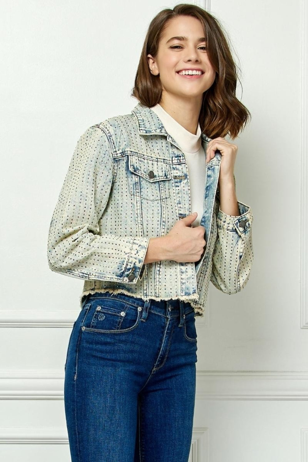 Veveret Multi Color Stripe Rhinestone Raw Hem Denim Jacket - The Boutie Shop